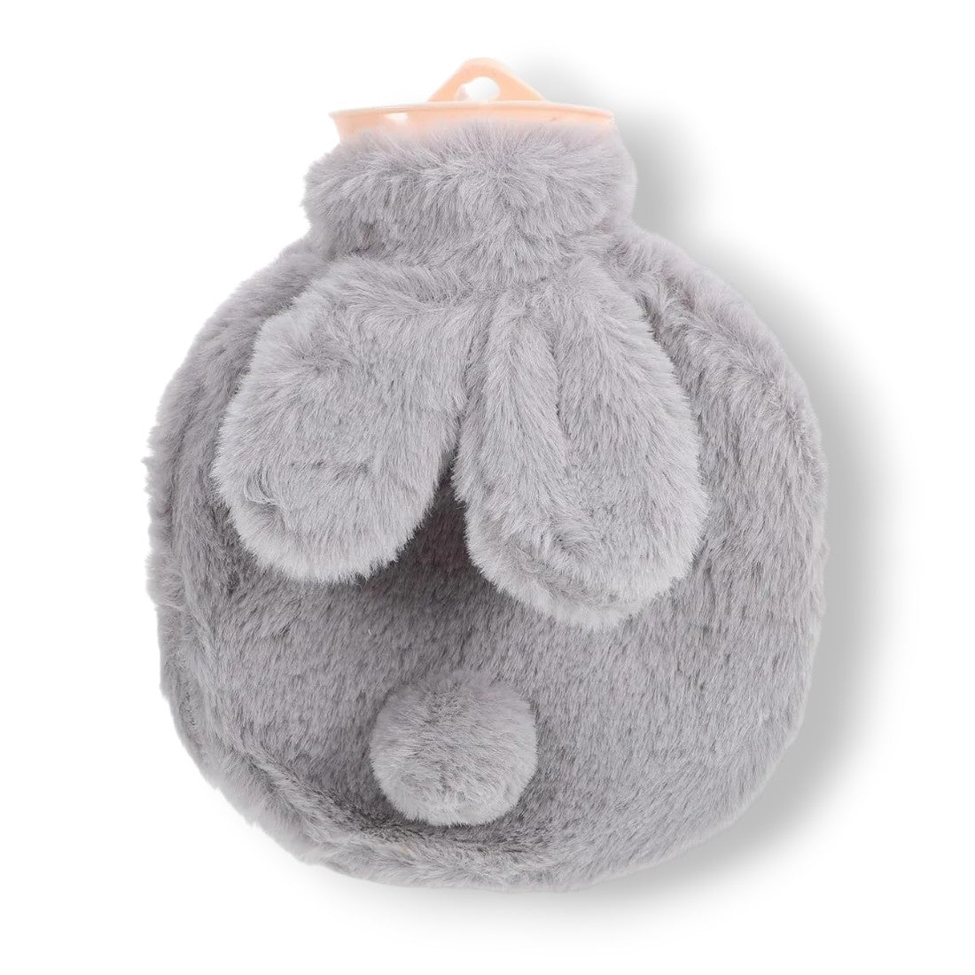 Borsa dell'acqua calda rotonda in peluche morbido grigio con orecchie di coniglio e pompon in rilievo, su sfondo bianco.