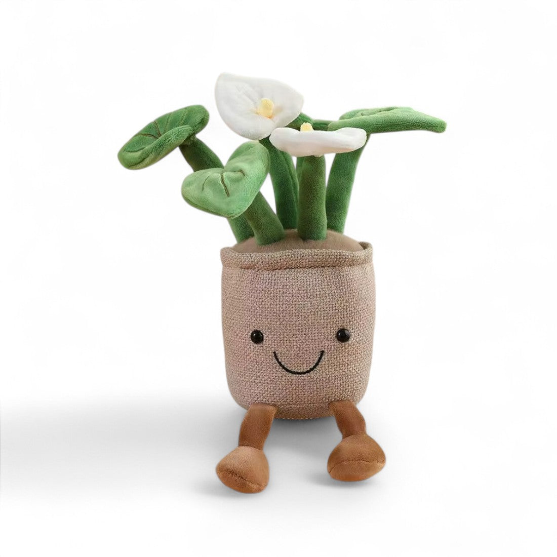 Peluche kawaii a forma di fiore di luna in un vaso sorridente, con piedini marroni, su sfondo bianco.