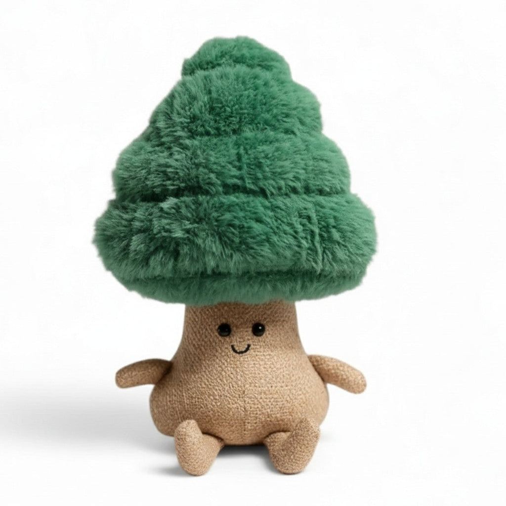 Peluche pianta piccolo abete kawaii in cotone, su sfondo bianco.