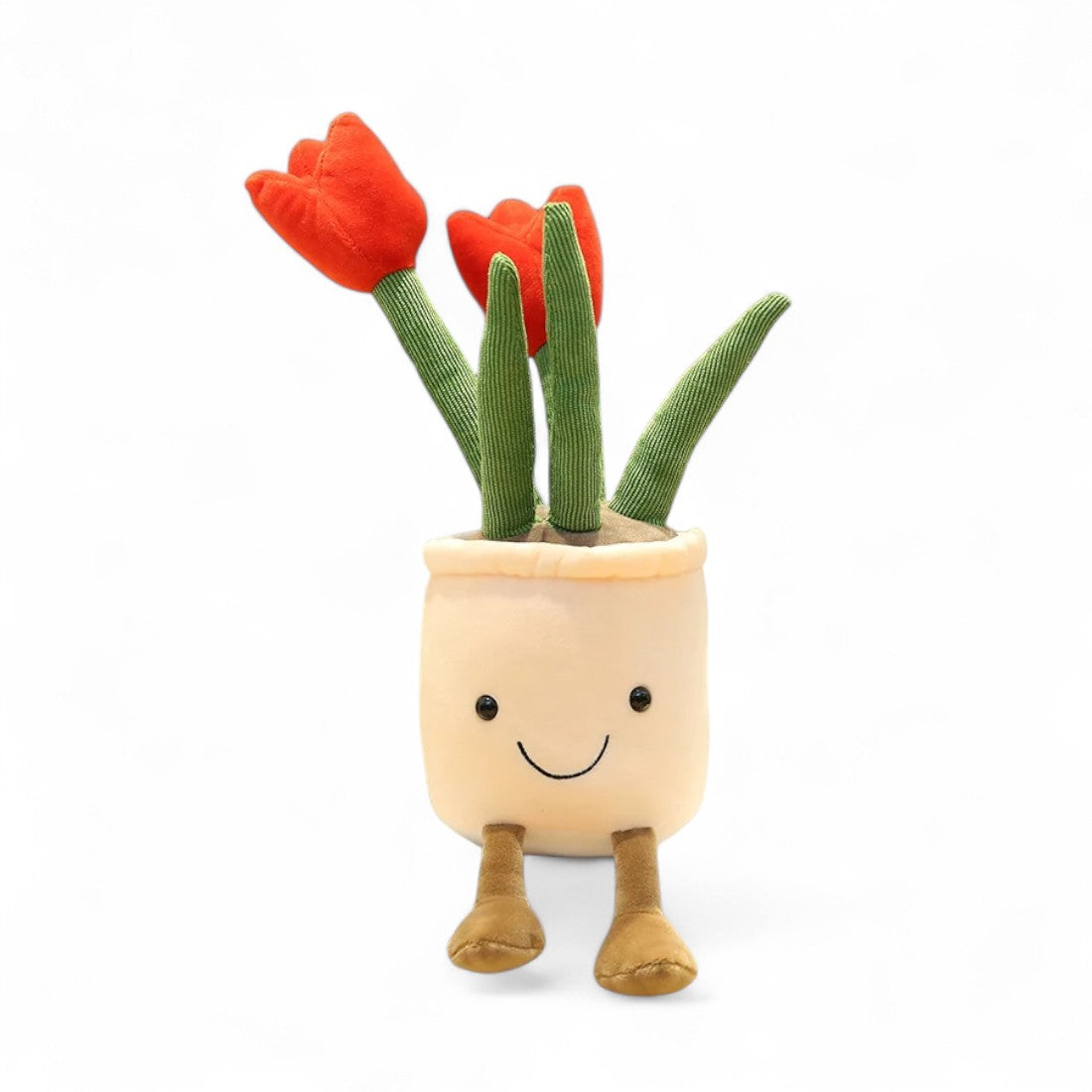 Peluche a forma di tulipani in vaso sorridente bianco, con piedini marroni, su sfondo bianco.