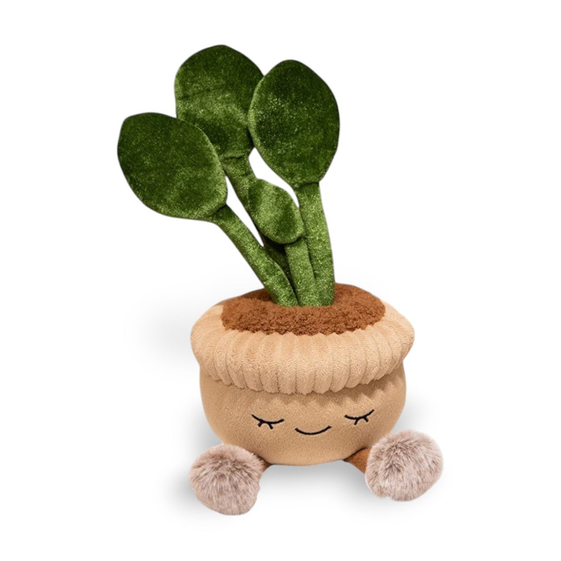 Peluche pianta in vaso tondo kawaii con viso sorridente, su sfondo bianco.
