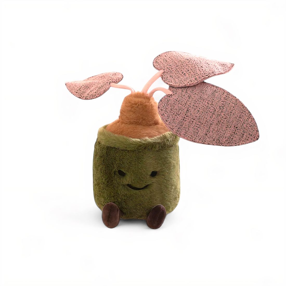 Peluche pianta kawaii in vaso verde con 3 foglie rosa, sorridente su sfondo bianco.