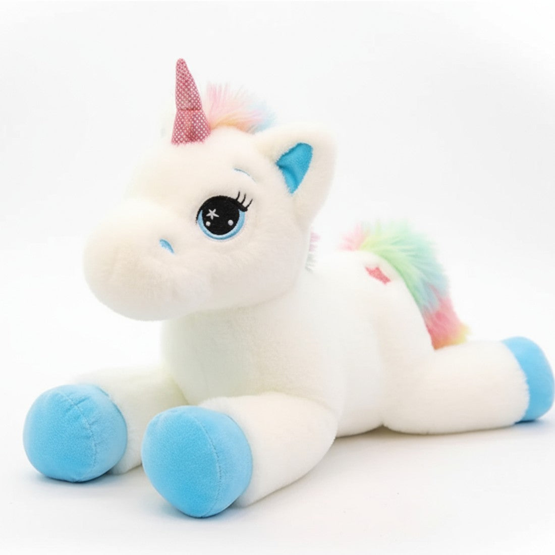 Peluche unicorno arcobaleno disteso