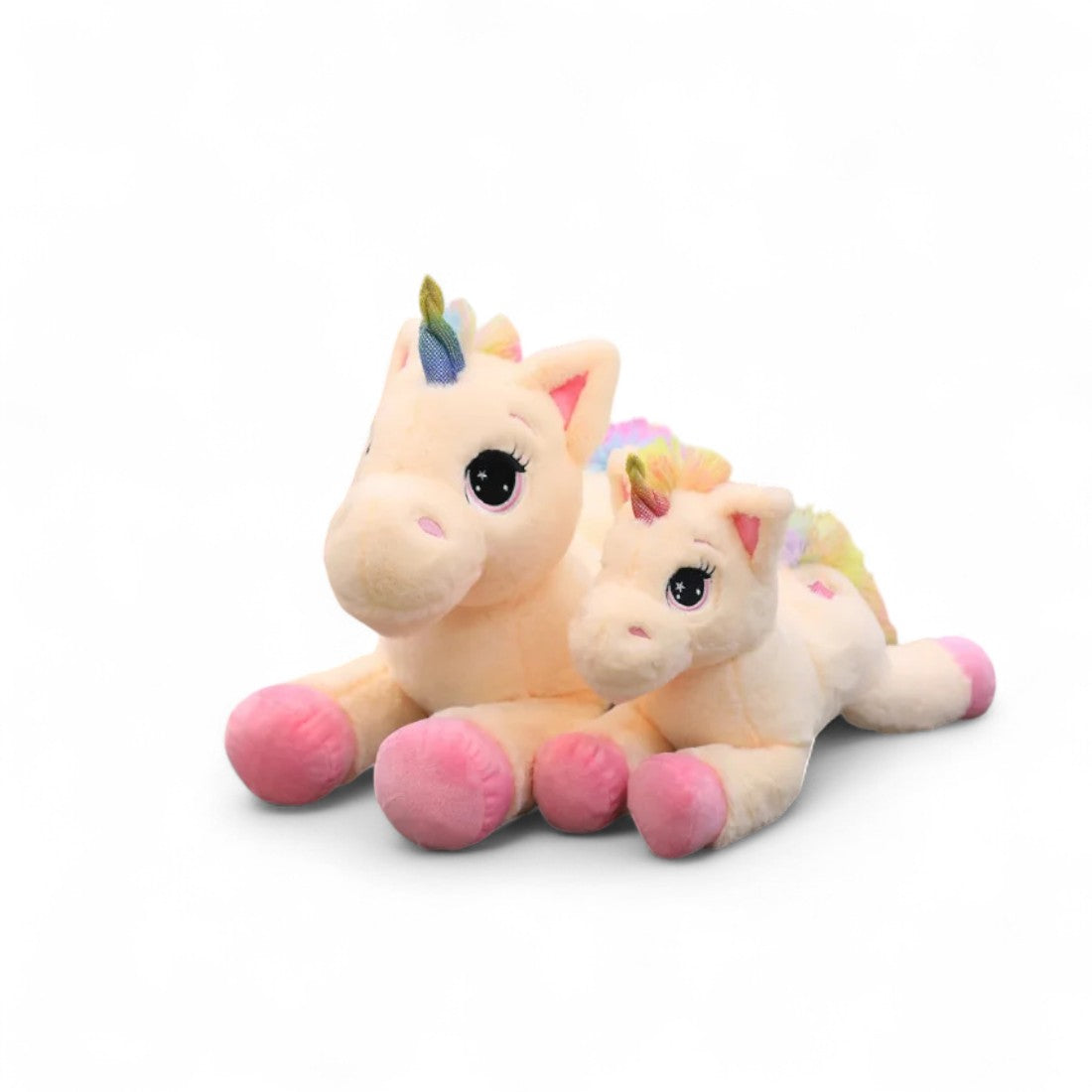 Peluche unicorno arcobaleno disteso