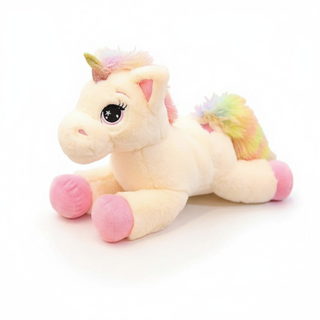 Peluche unicorno arcobaleno disteso