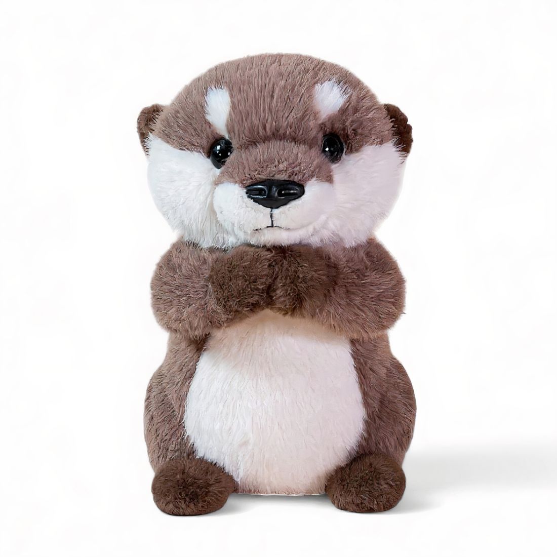 Peluche lontra marrone e bianca in cotone, morbida e sorridente, seduta su sfondo bianco.