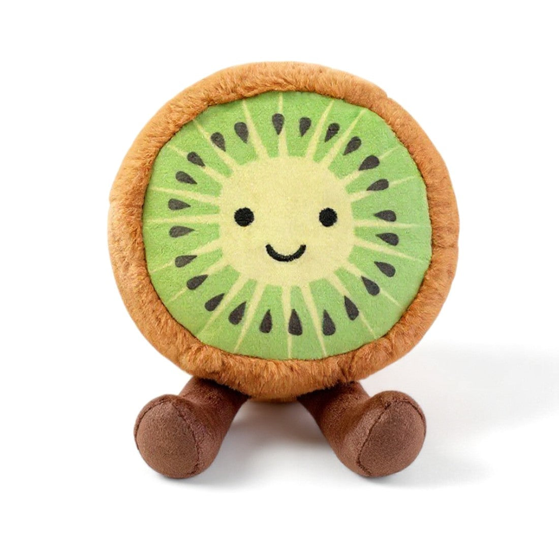 Peluche tondo a forma di kiwi verde con un viso sorridente e zampe marroni, posato su sfondo bianco.