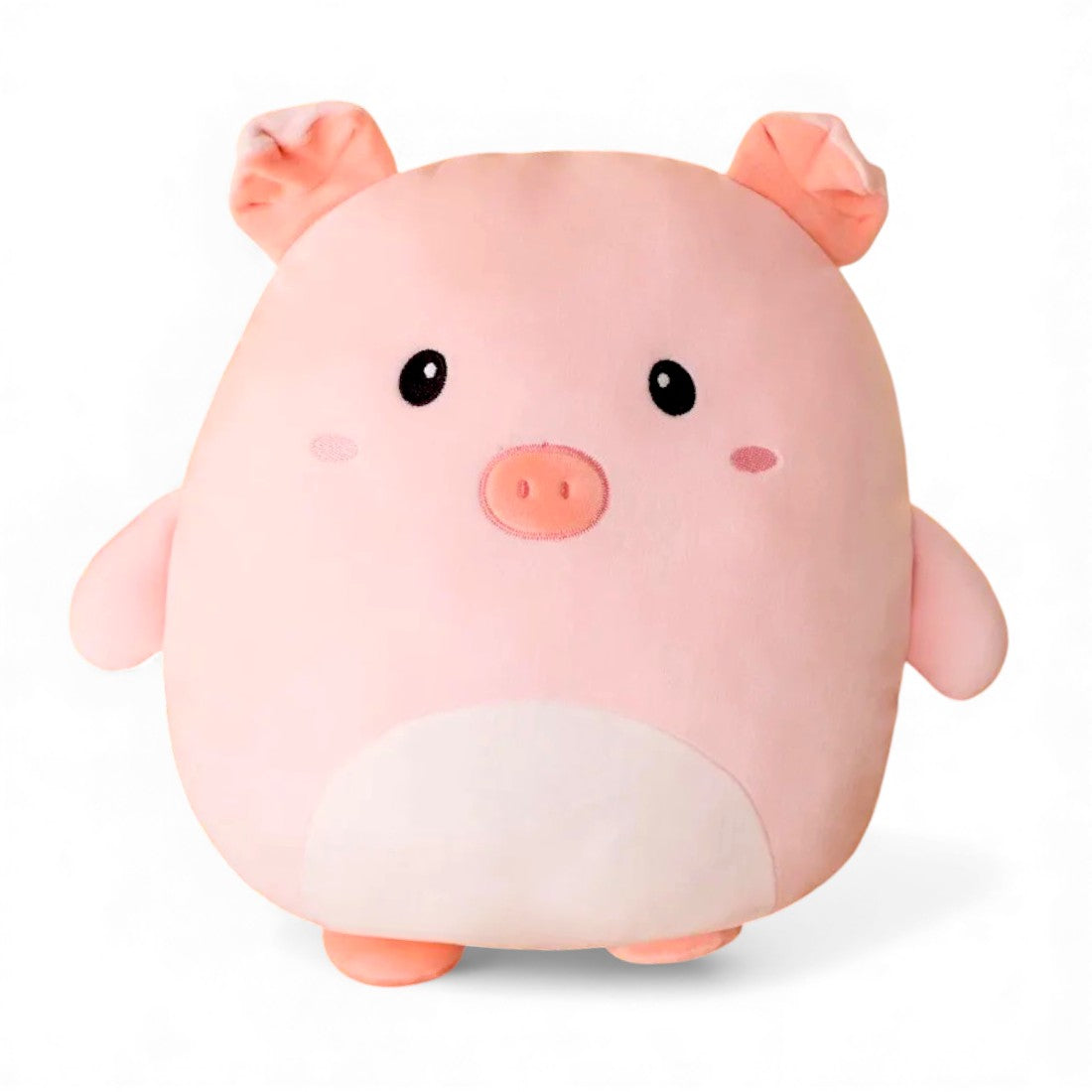 Peluche maialino tutto tondo di 40 cm, rosa pallido, con piccola pancia bianca, orecchie morbide, occhi neri rotondi e musetto ricamato, posato da solo su sfondo bianco.
