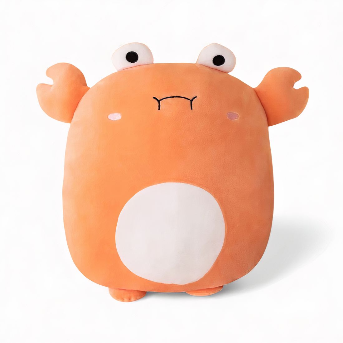 Cuscino peluche granchio arancione soffice, stile squishmallows, grande pancia bianca morbidissima, ideale per coccole, arredamento marino e angolo relax nella cameretta dei bambini.