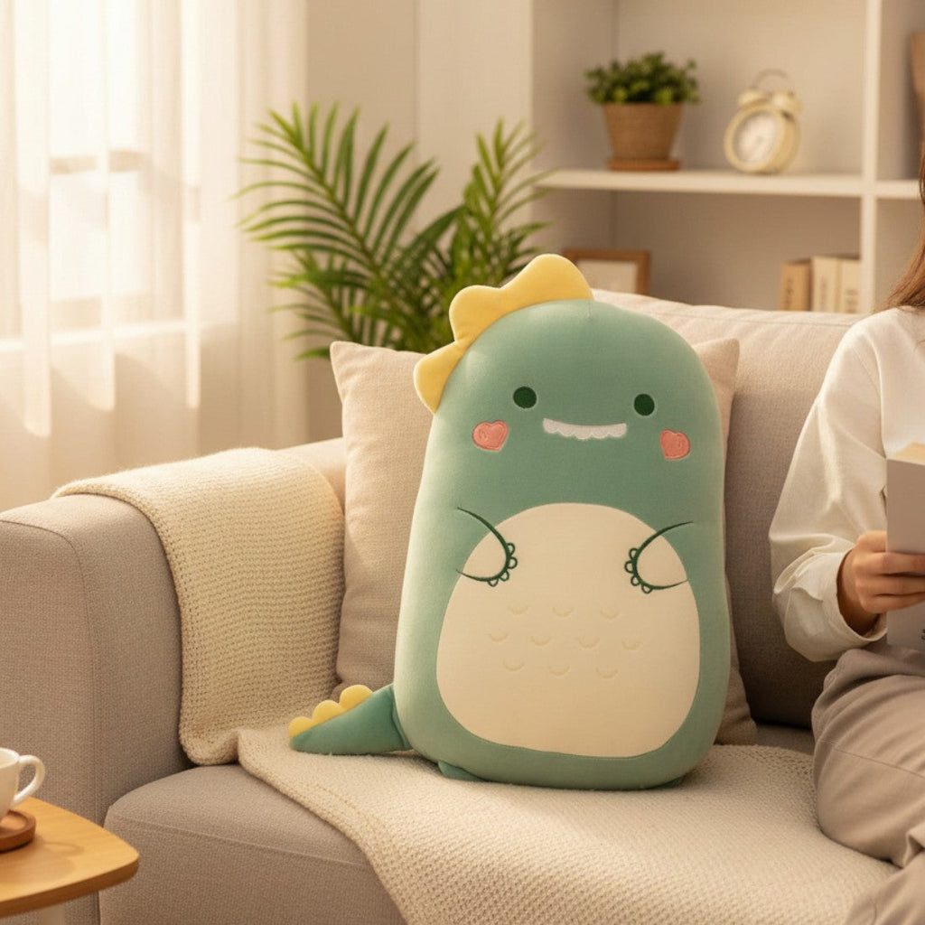 Cuscino peluche dino verde soffice