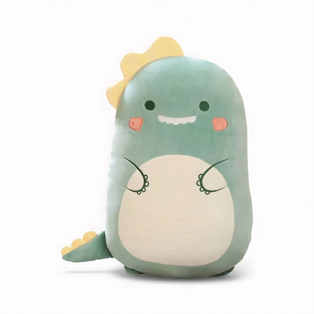 Cuscino peluche con grande pancia color crema, piccole zampe ricamate, creste gialle sulla testa e sulla coda, sorridente, posato su sfondo bianco.
