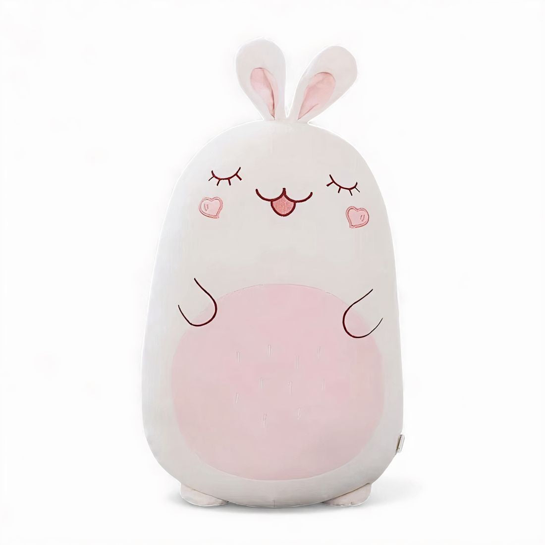 Grande cuscino peluche coniglio bianco e rosa, con orecchie lunghe, occhi chiusi ricamati, guance a forma di cuore e grande pancia rosa, su sfondo bianco.