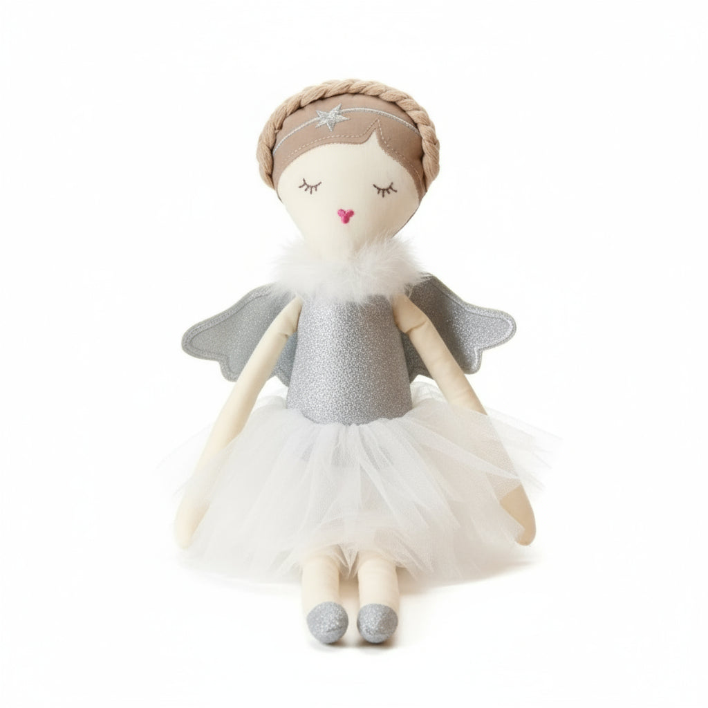 Bambola angelo abito in tulle argento e ali argentate