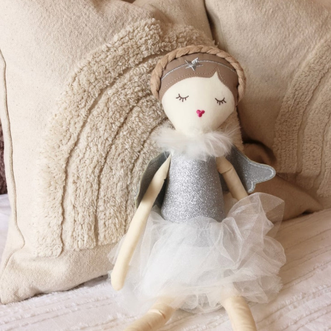 Bambola angelo abito in tulle argento e ali argentate