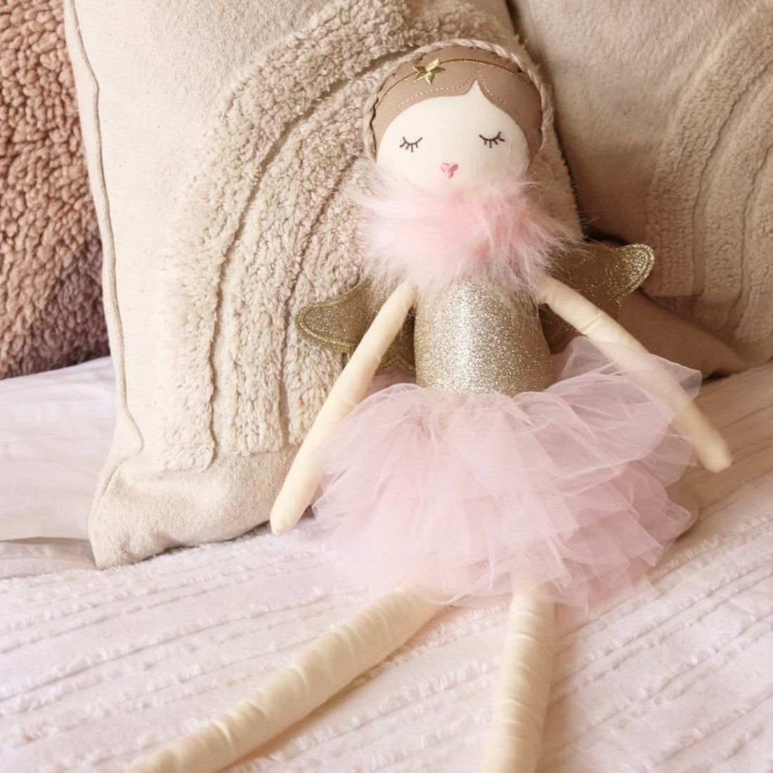 Bambola Angelo Abito in Tulle Rosa e Ali Dorate