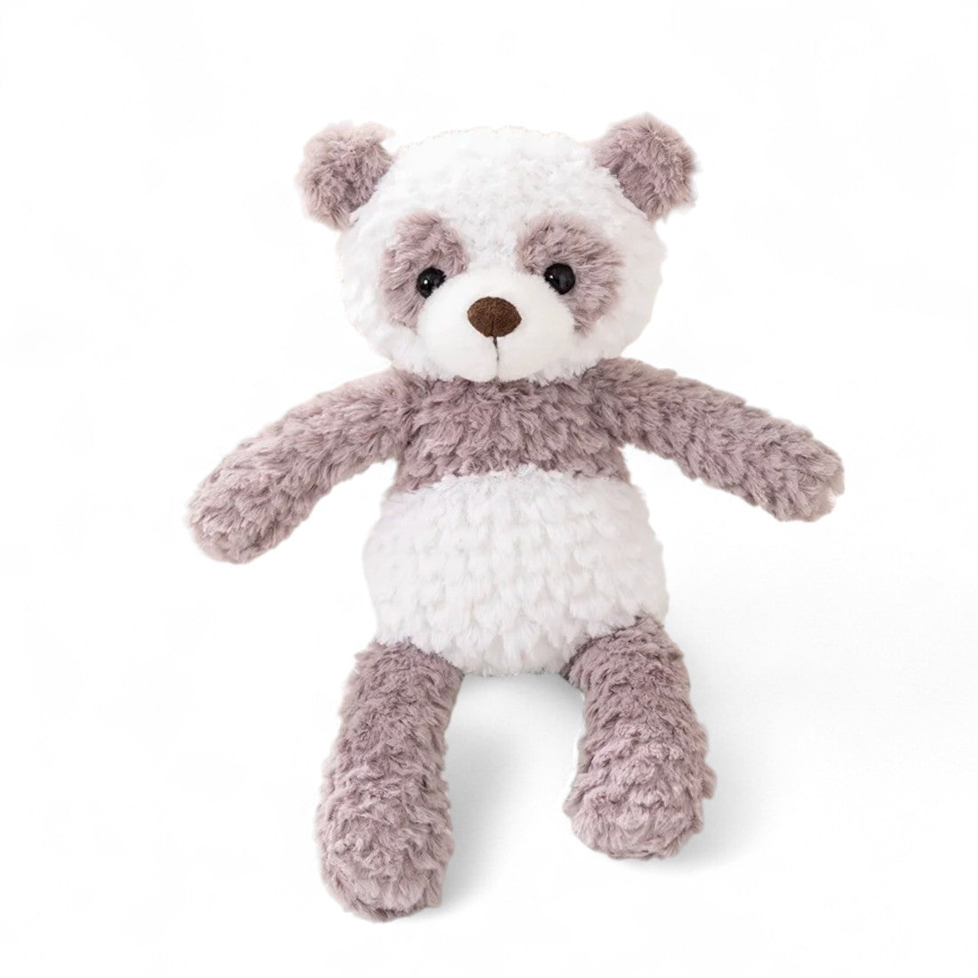 Panda di peluche grigio e bianco, muso marrone, zampe grandi, seduto su sfondo bianco.