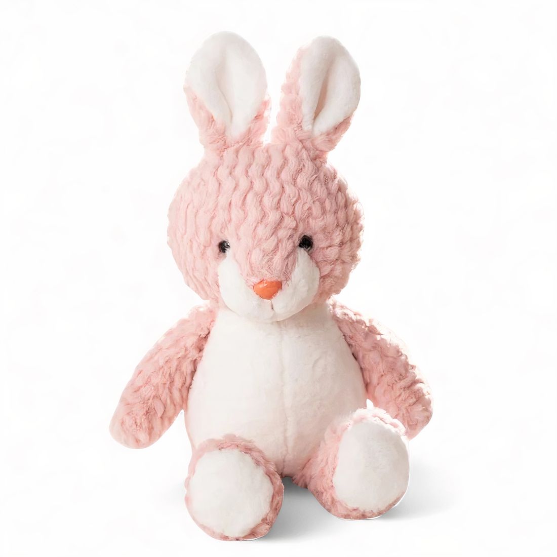 Doudou coniglietto lavorato a maglia rosa e bianco con grandi orecchie dritte, musetto arancione, seduto su sfondo bianco.