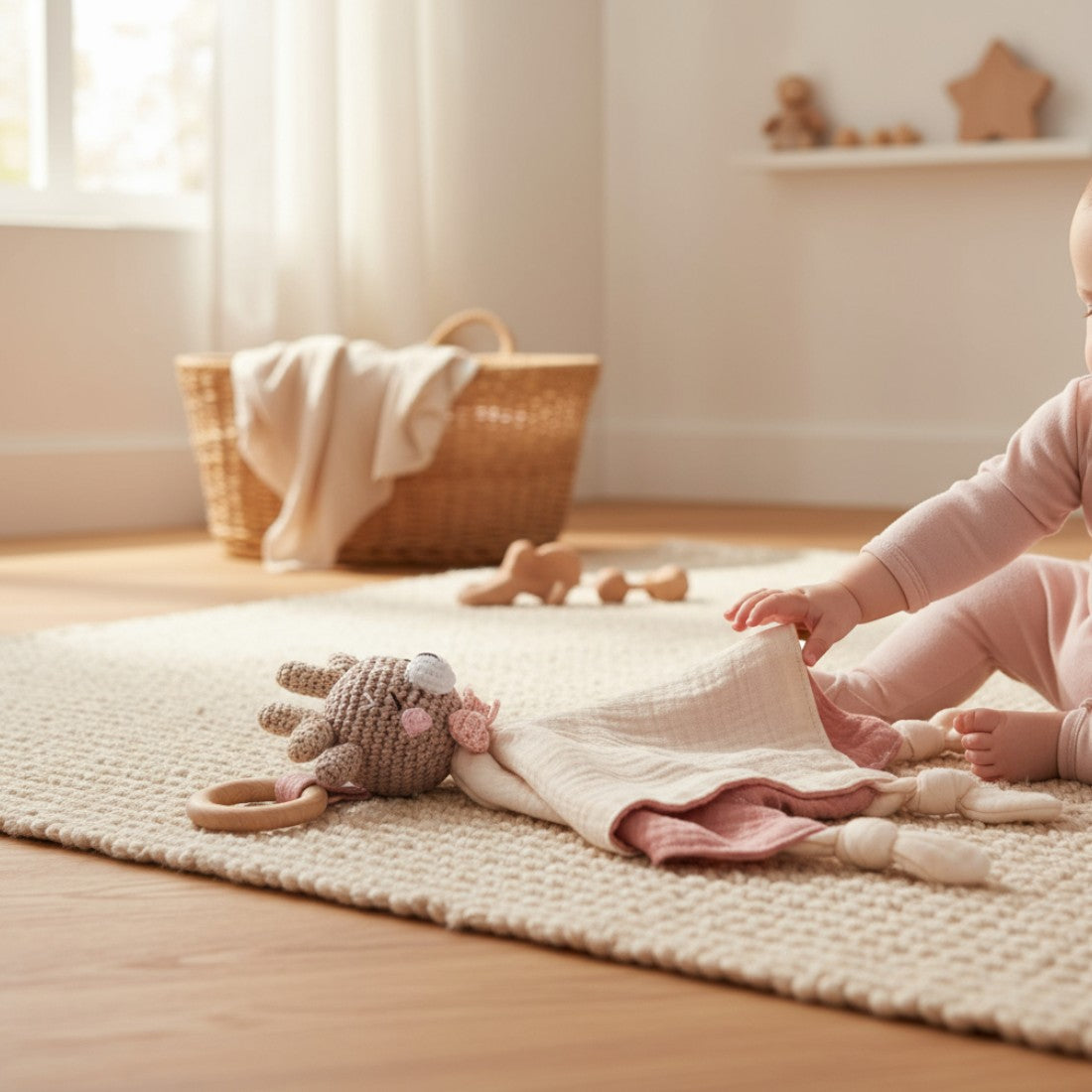 Doudou piatto cervo all'uncinetto con fascia in cotone bicolore