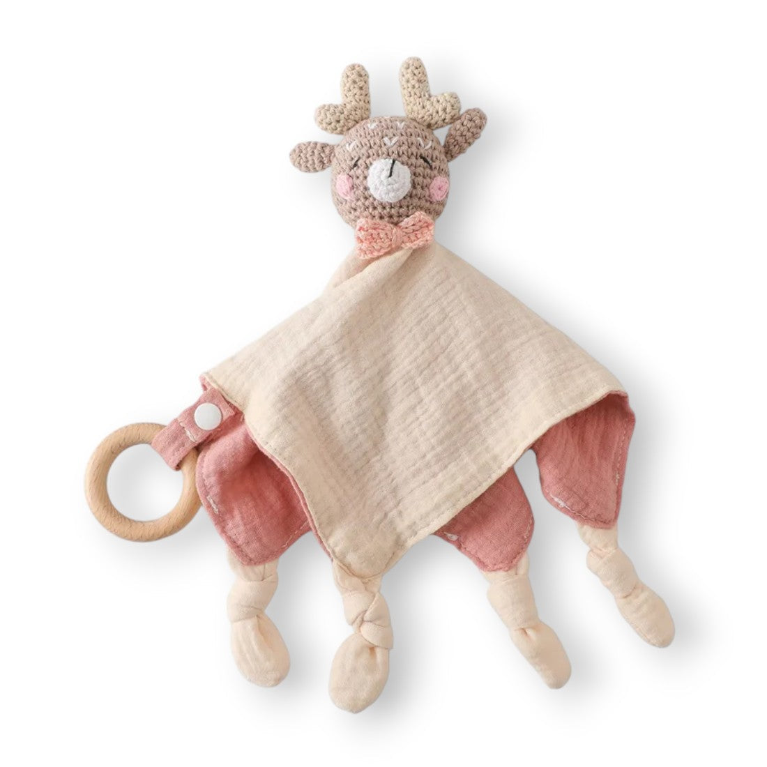 Doudou piatto cervo all'uncinetto con fascia in cotone bicolore