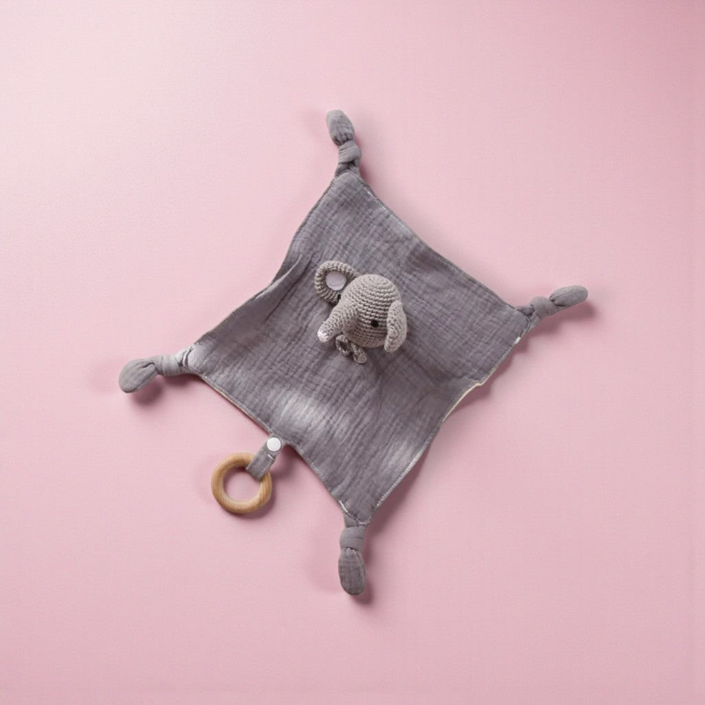 Doudou piatto elefante all'uncinetto panno cotone bicolore