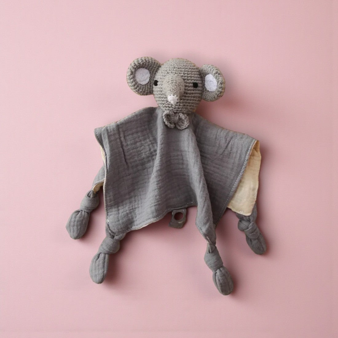 Doudou piatto elefante all'uncinetto panno cotone bicolore