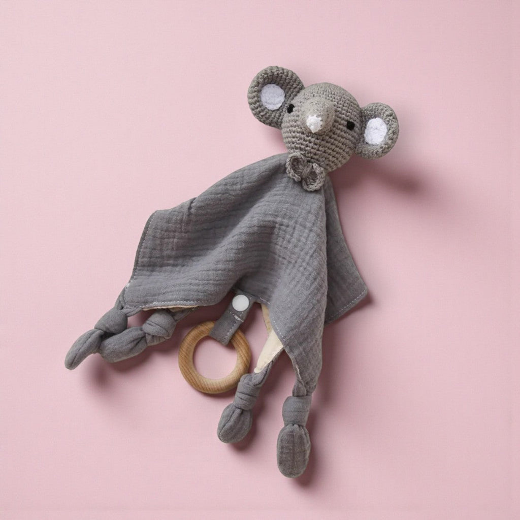 Doudou piatto elefante all'uncinetto panno cotone bicolore