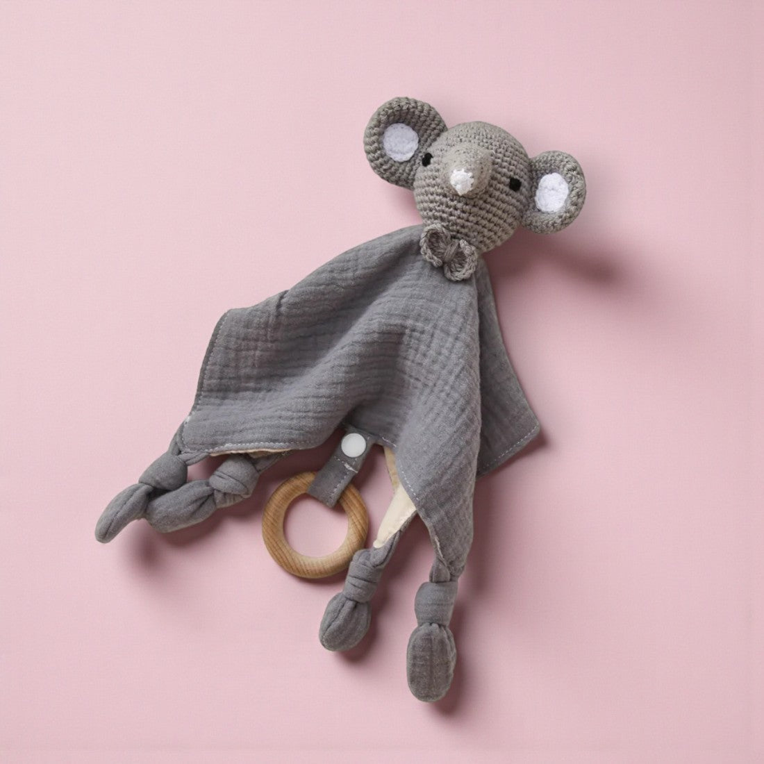 Doudou piatto elefante all'uncinetto panno cotone bicolore