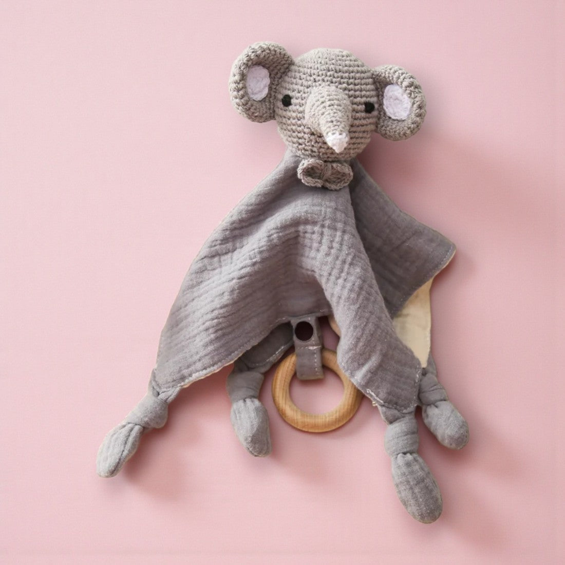 Doudou piatto elefante all'uncinetto panno cotone bicolore
