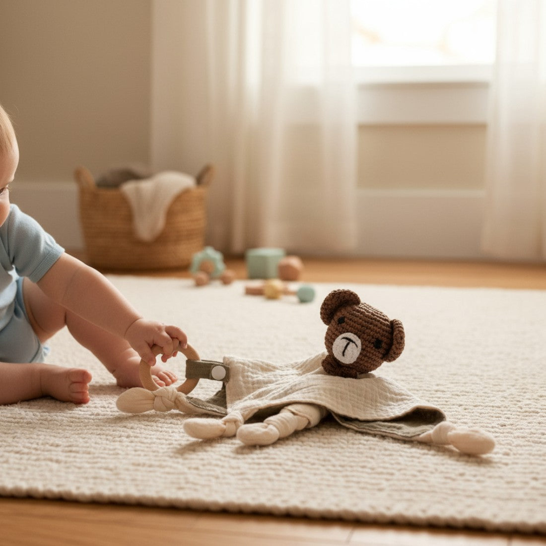Doudou orsetto all'uncinetto con panno in cotone bicolore