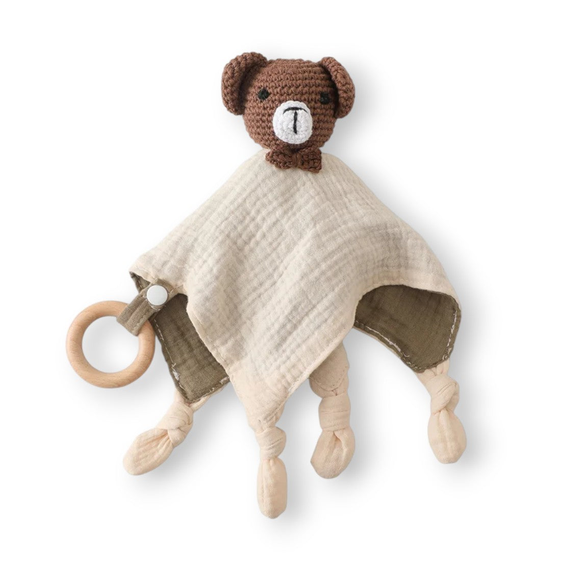 Doudou orsetto all'uncinetto con panno in cotone bicolore