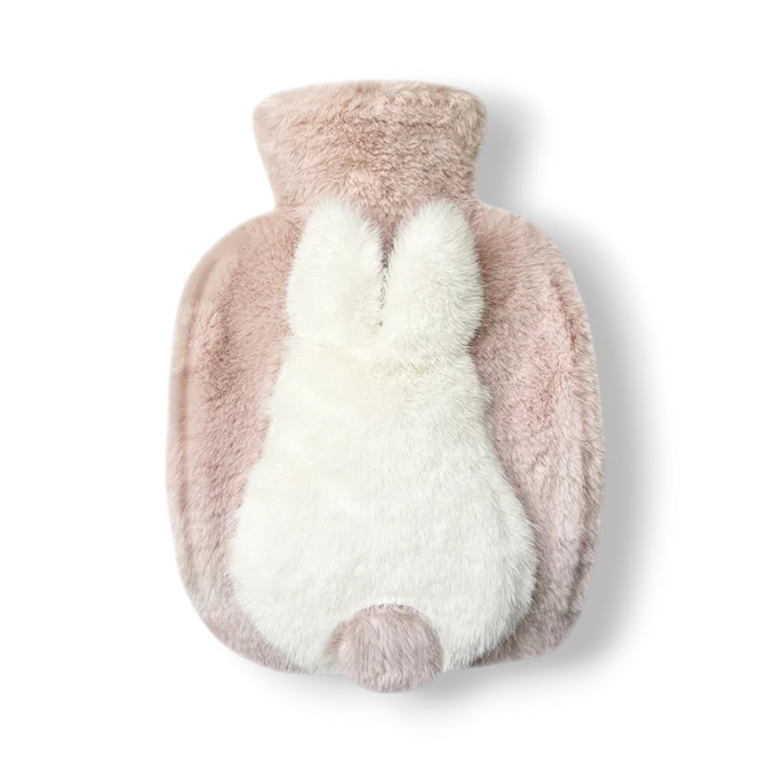 Borsa dell'acqua calda in peluche morbido rosa con coniglietto bianco in rilievo, su sfondo bianco.