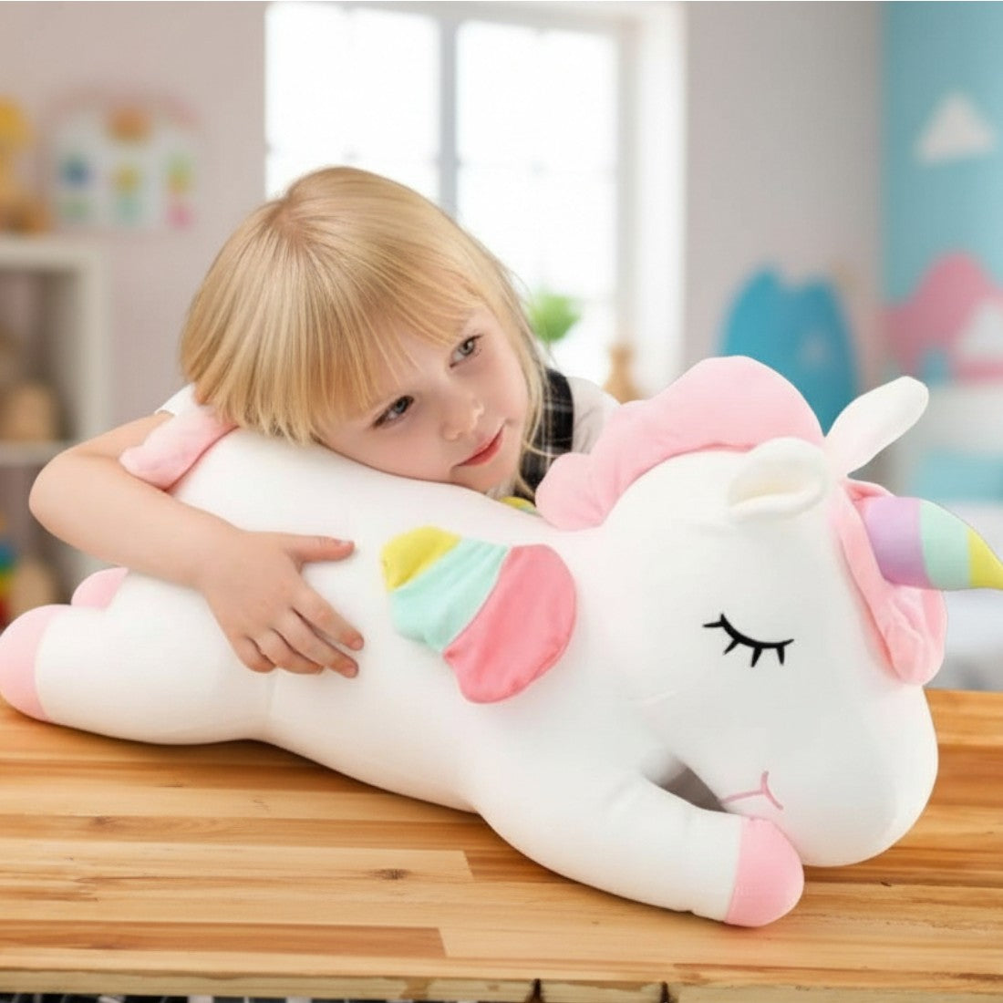 Unicorno di peluche sdraiato per bambini