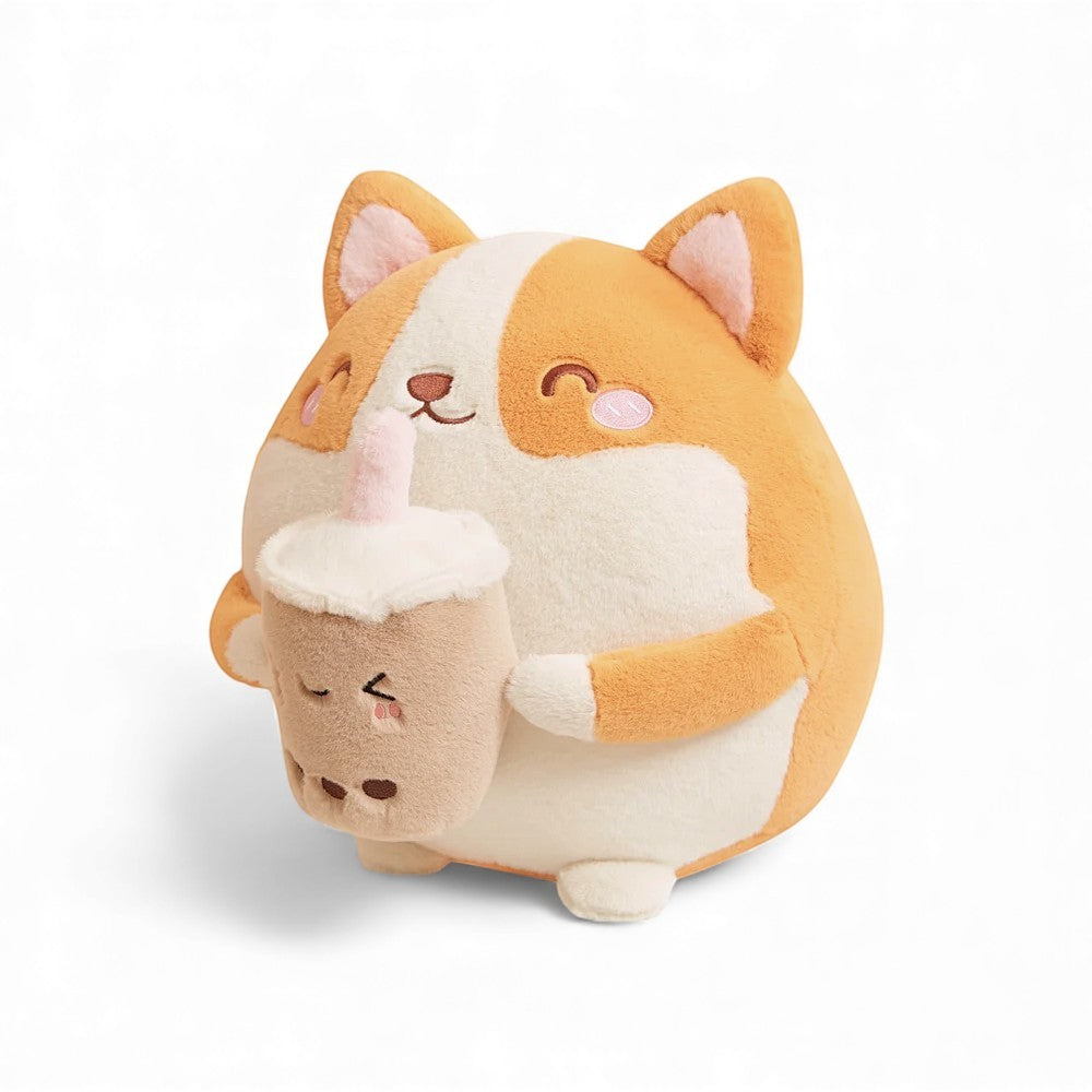 Cuscino peluche squishy shiba con bevanda