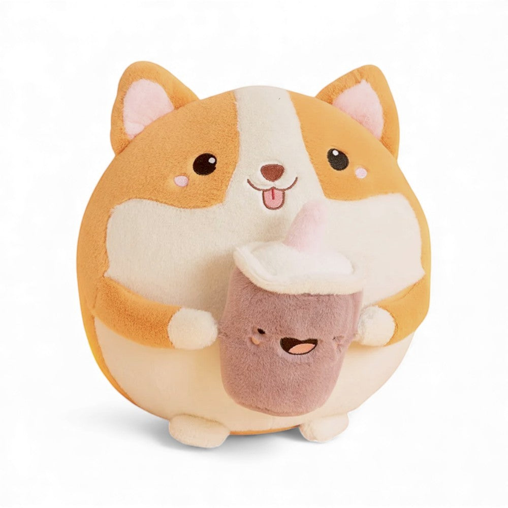 Cuscino peluche squishy shiba con bevanda