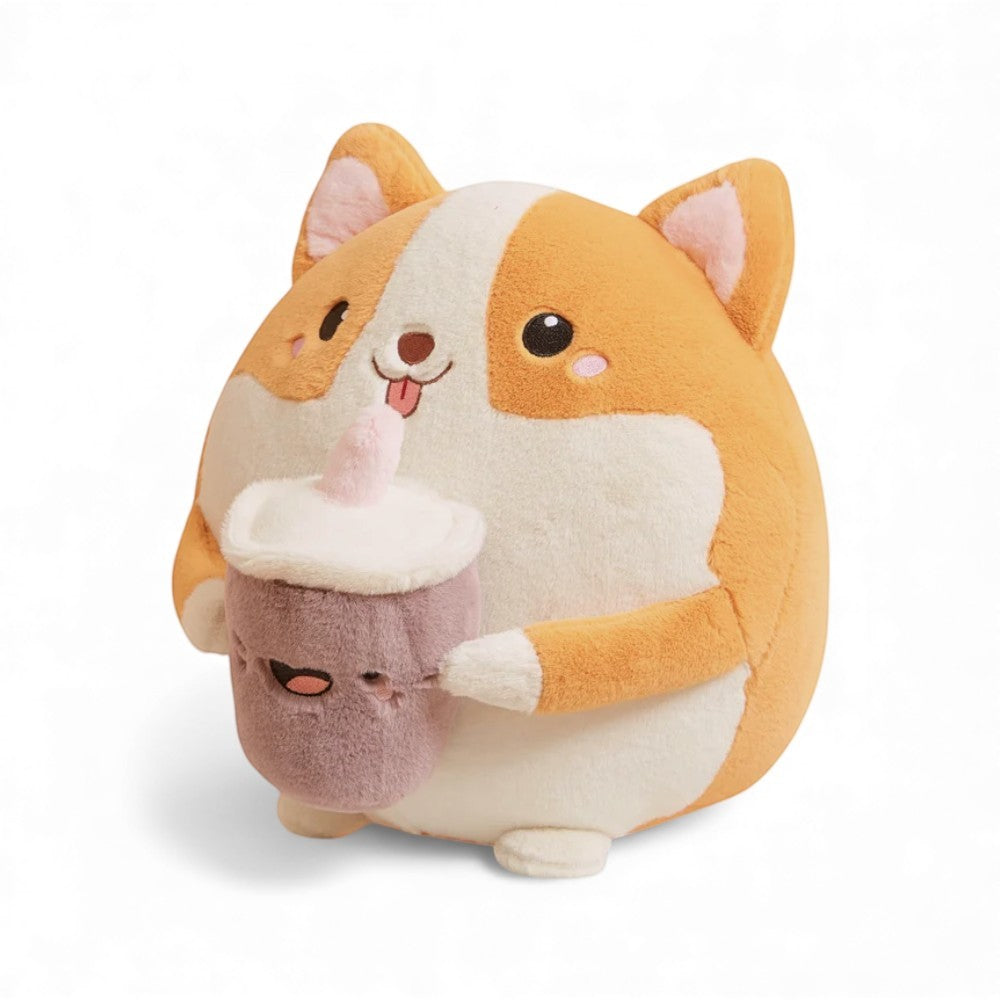 Cuscino peluche squishy shiba con bevanda