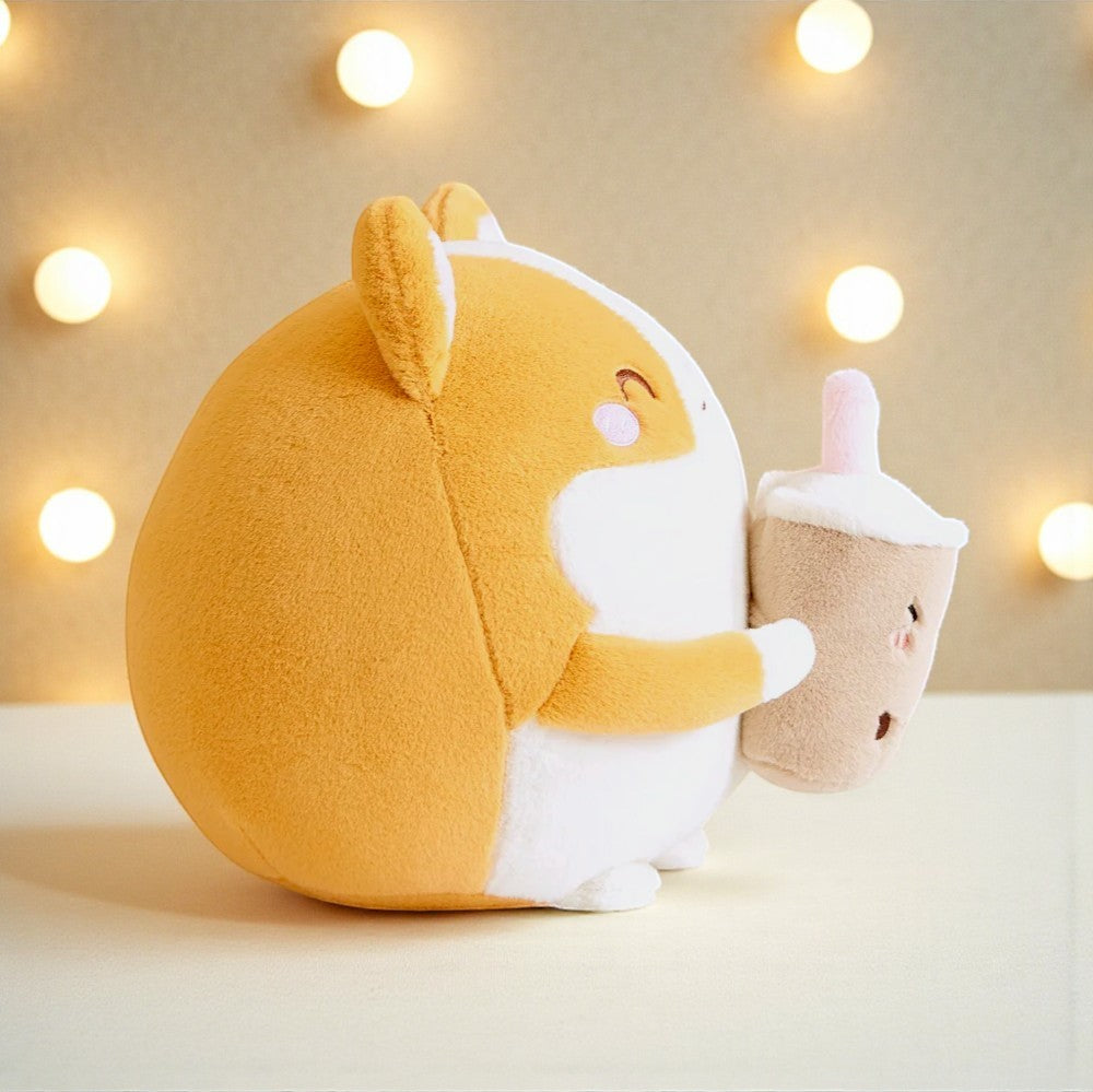 Cuscino peluche squishy shiba con bevanda