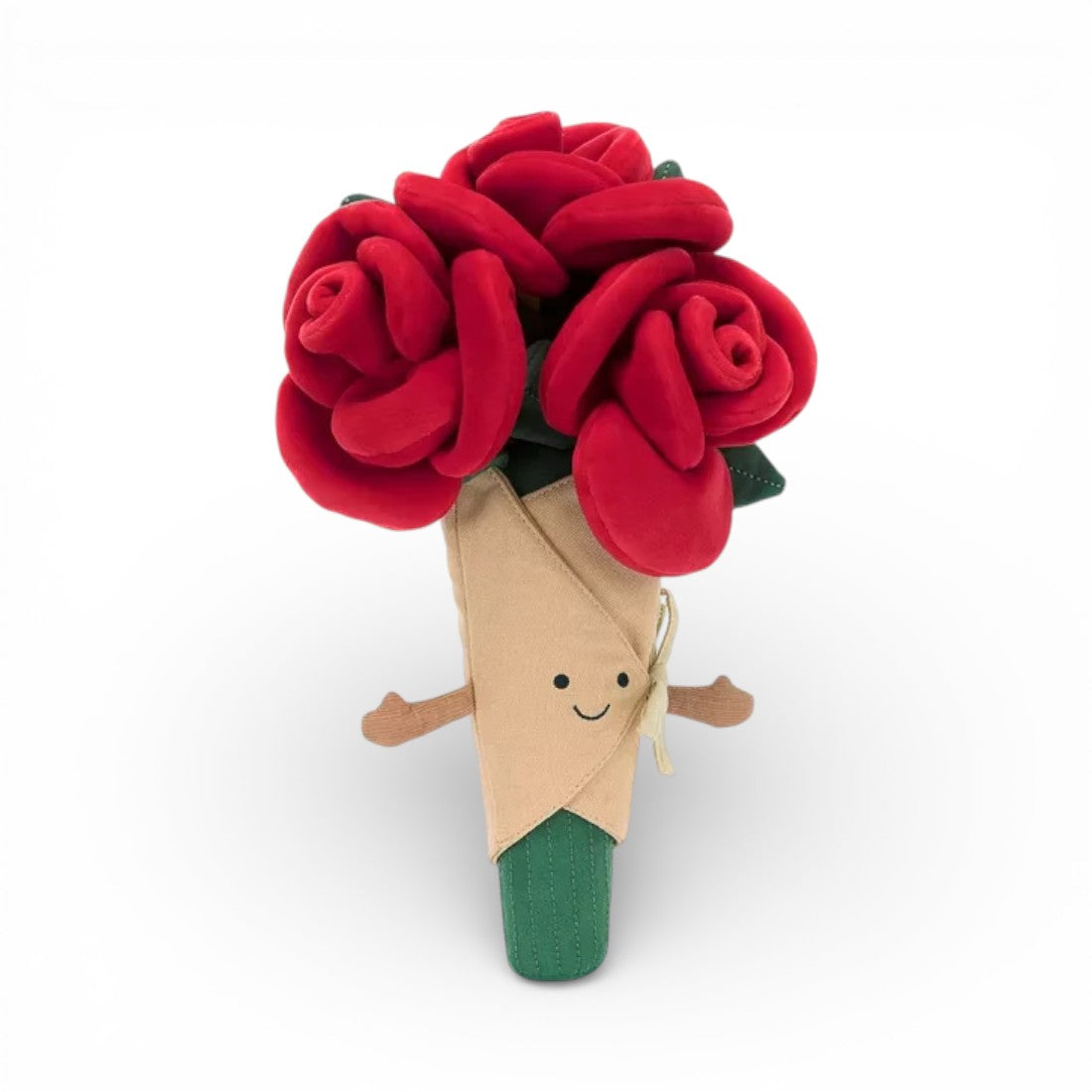Peluche a forma di bouquet di diverse rose rosse vellutate in un cono di carta beige con viso sorridente dai grandi occhi, nastro giallo, piccole braccia marroni e base verde, su sfondo bianco.