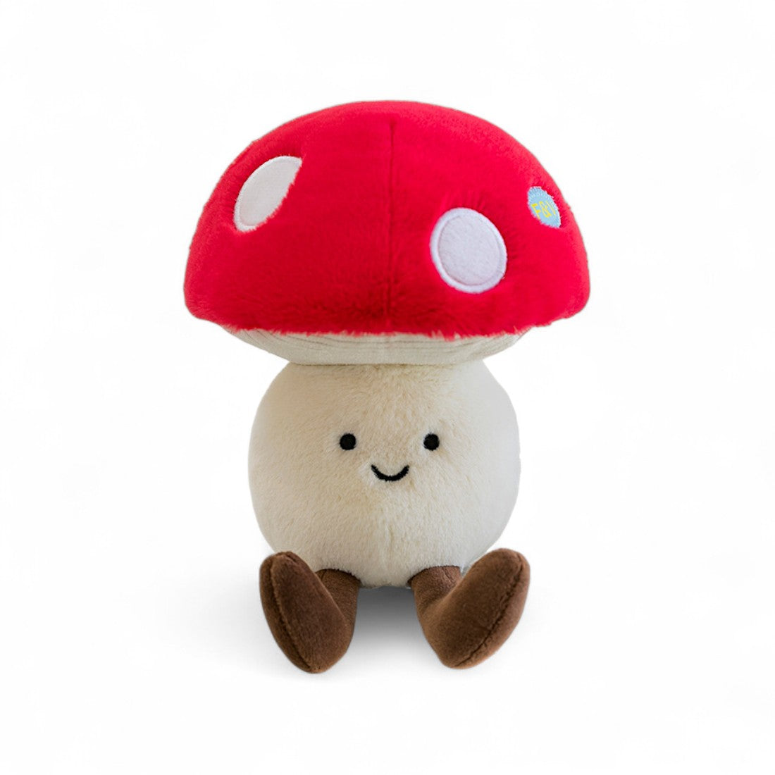 Peluche verdura kawaii fungo affascinante rosso e bianco di 20 cm, seduto con lunghe zampe marroni, vista frontale su sfondo bianco.