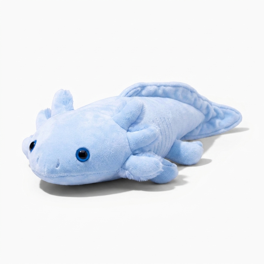Cuscino di peluche axolotl blu formato allungato - Sfondo bianco di profilo