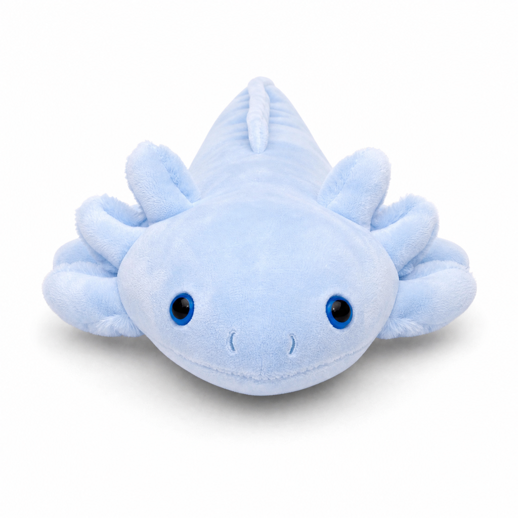 Cuscino di peluche axolotl blu formato allungato - Sfondo bianco frontale