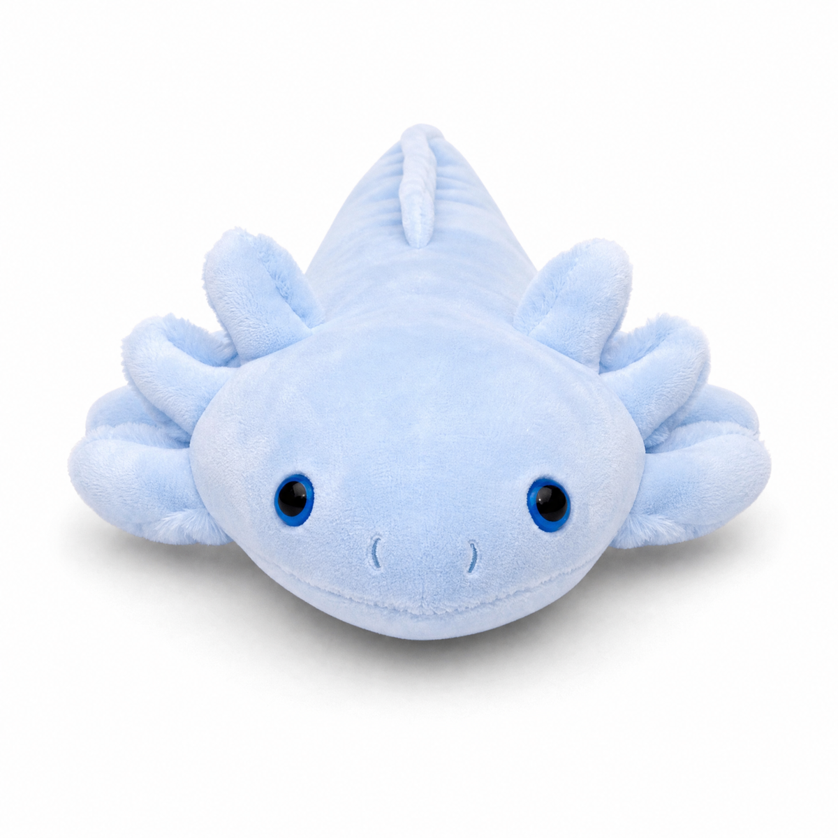 Cuscino di peluche axolotl blu formato allungato - Sfondo bianco frontale