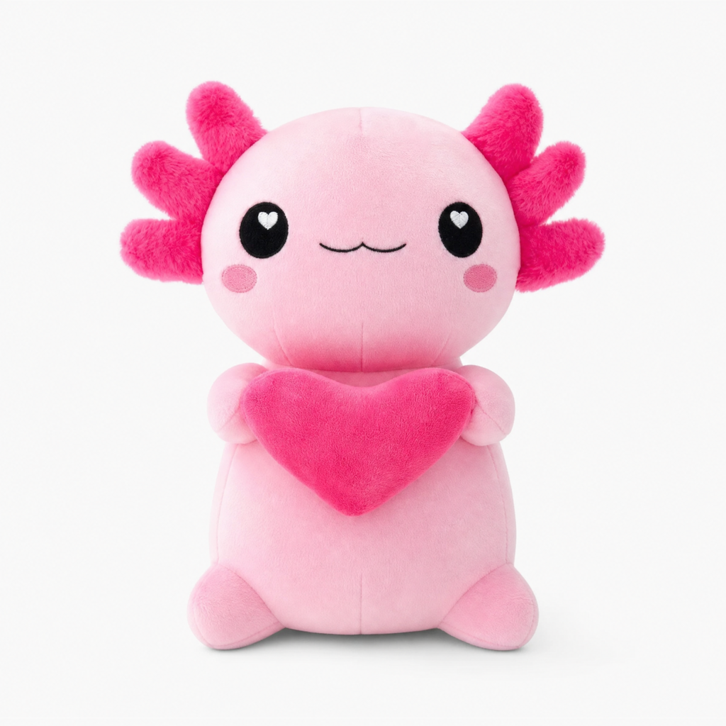 Peluche axolotl rosa con cuore - Sfondo bianco frontale