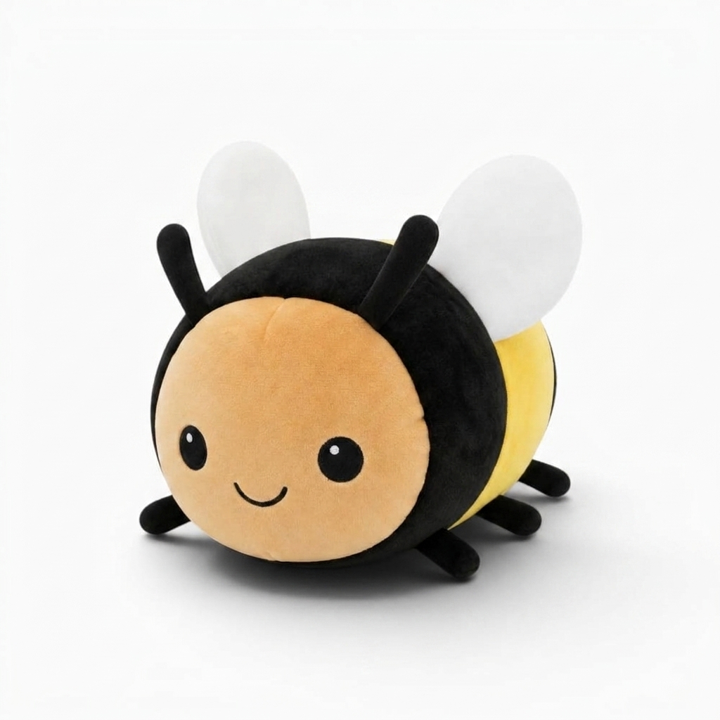 Peluche ape kawaii tonda nera e gialla - Sfondo bianco di profilo