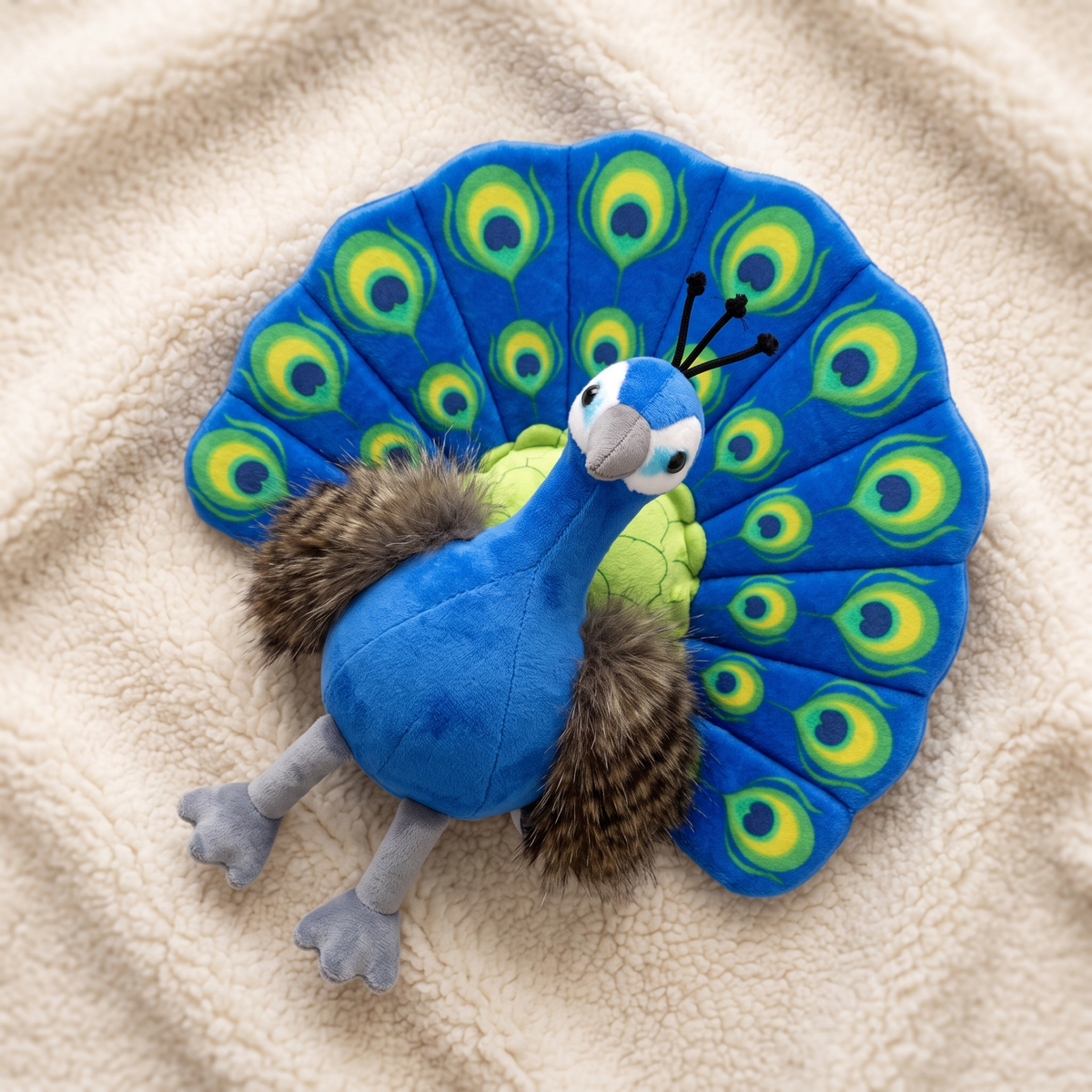 Peluche Pavone Blu con Piume Multicolori - Dettaglio del materiale