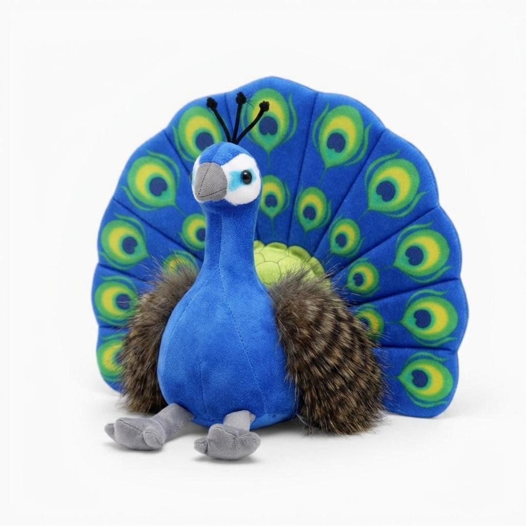 Peluche Pavone Blu con Piume Multicolori - Sfondo bianco angolato