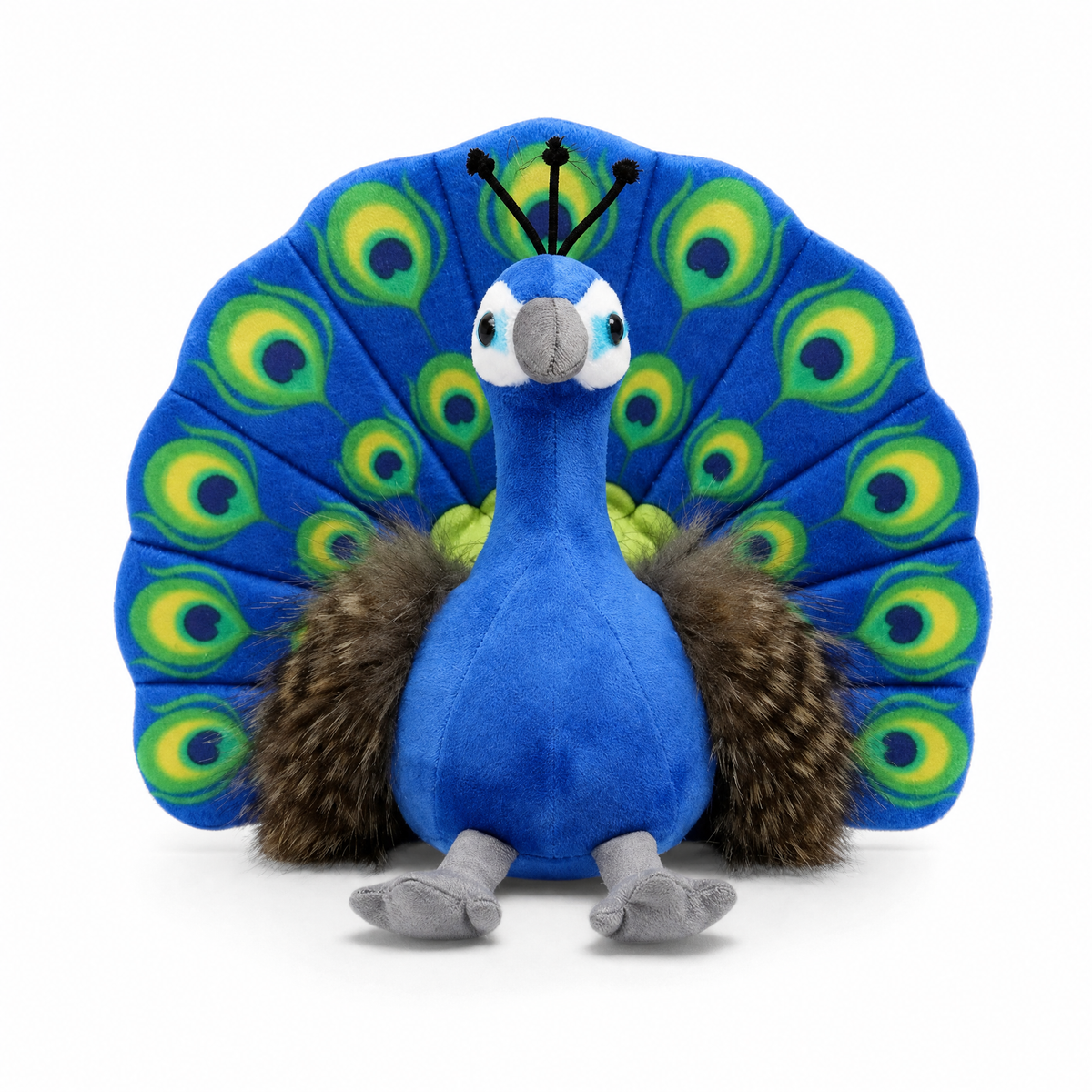 Peluche Pavone Blu con Piume Multicolori - Sfondo bianco frontale