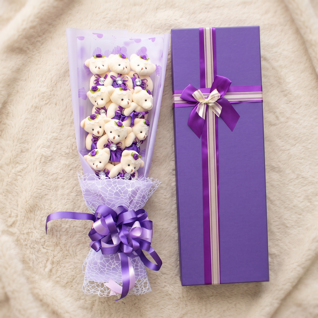 Bouquet Orsi di Peluche Bianchi con Scatola Viola - Dettaglio materiale
