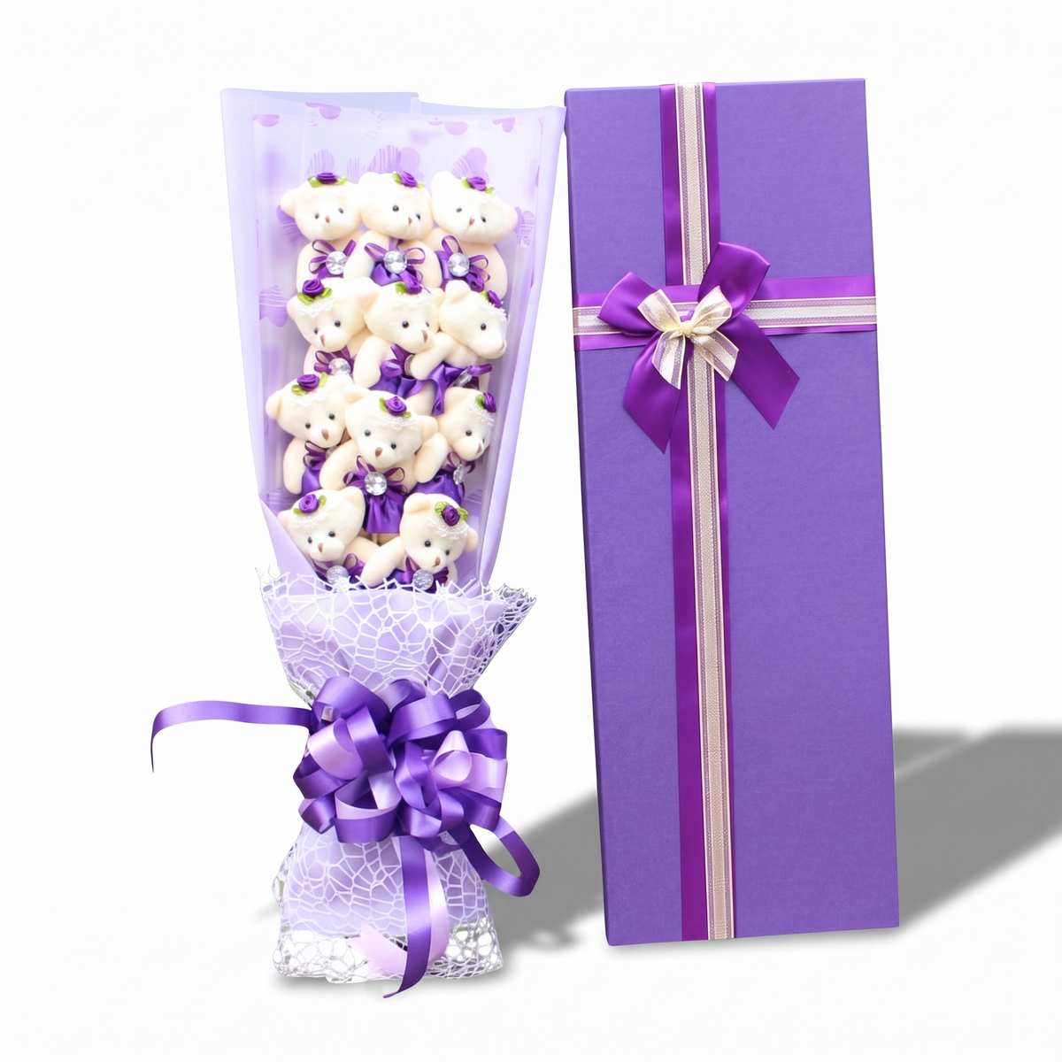Bouquet Orsi di Peluche Bianchi con Scatola Viola - sfondo bianco frontale