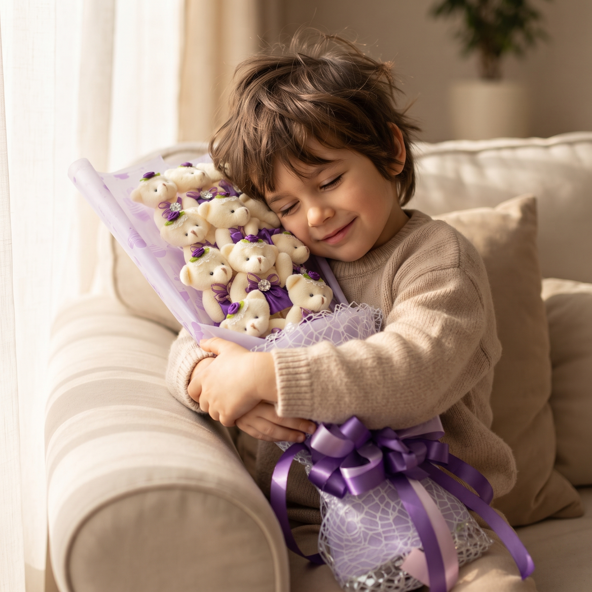Bouquet Orsi di Peluche Bianchi con Scatola Viola - Utilizzo cosy interno