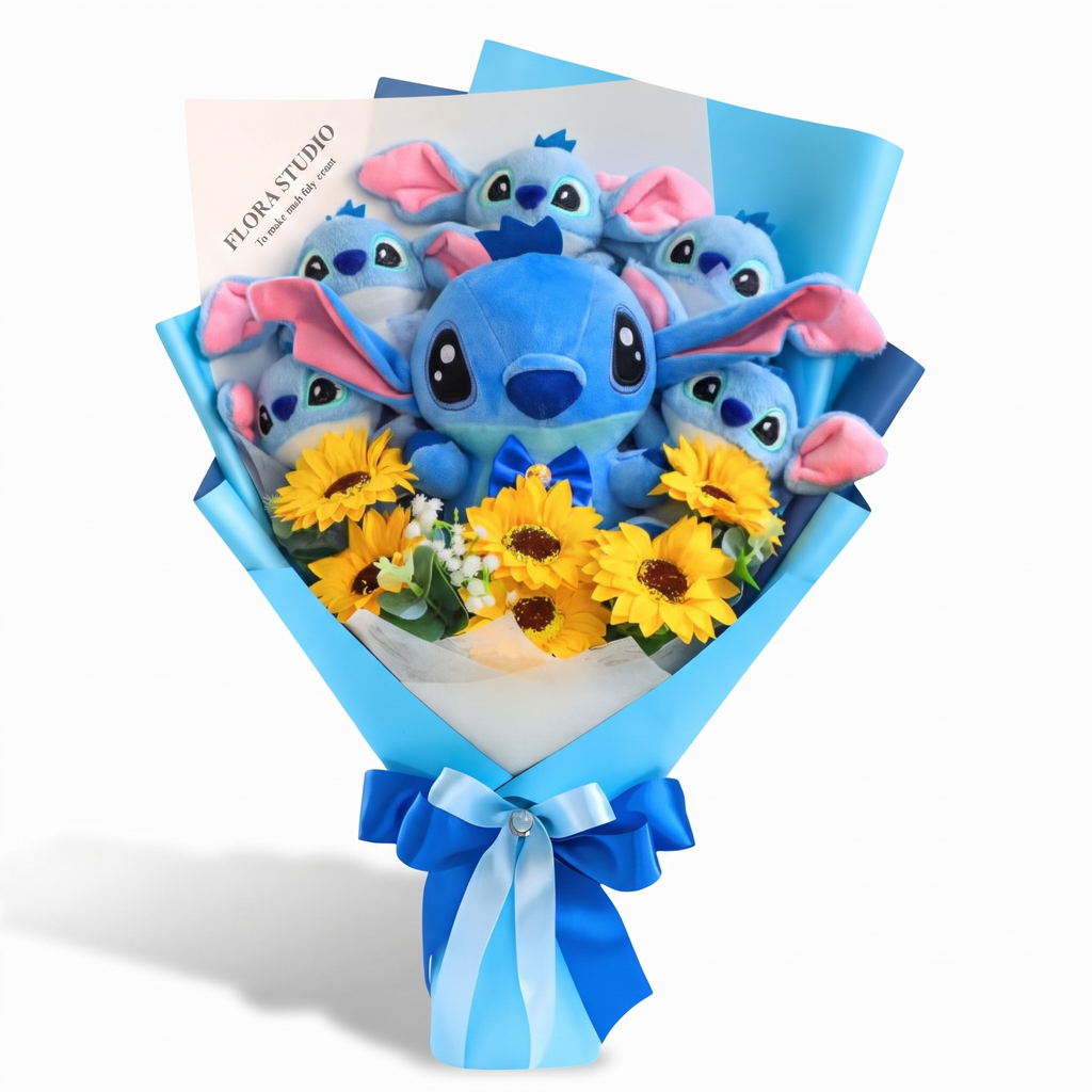 Bouquet Peluche Stitch con Fiori - Vista frontale su sfondo bianco